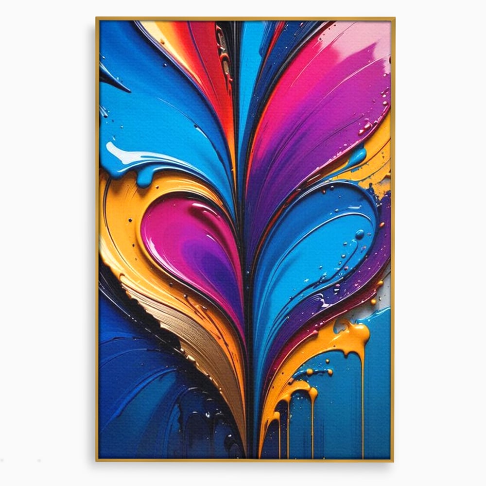 Tablou canvas cu pictura abstracta cu valuri colorate, in rama de aluminiu auriu